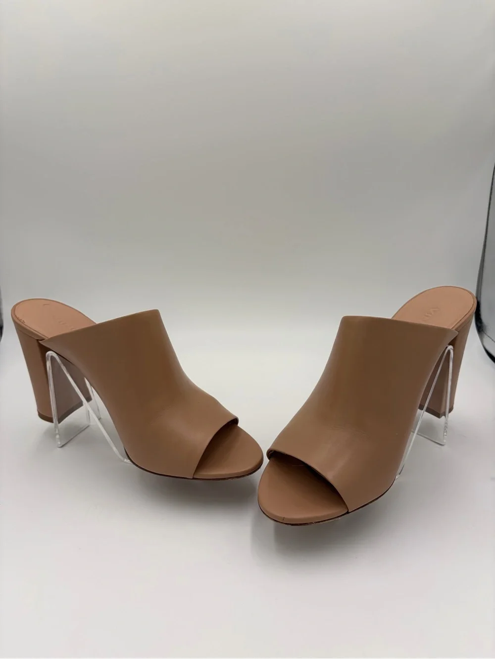 Vince Tan Leather Open-Toe Mules with Sculpted Heels Nude Preowned